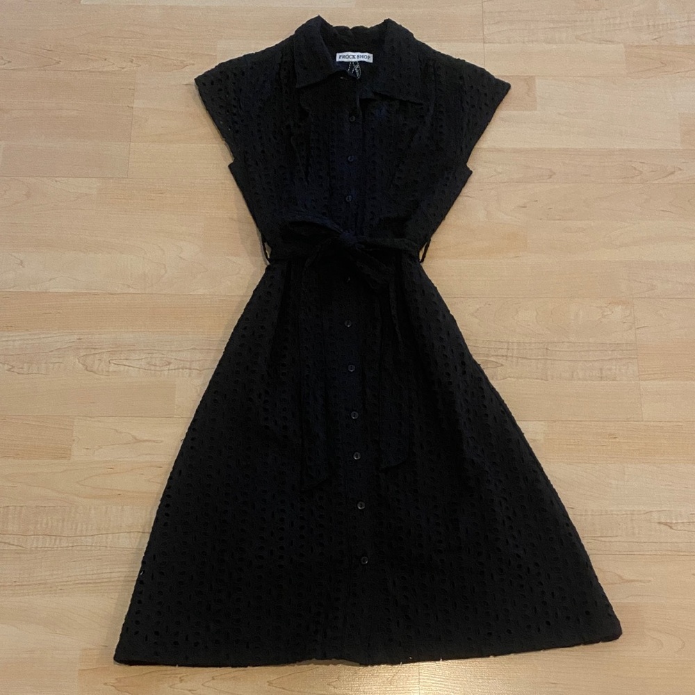 Frock Shop Black Eyelet Midi Dress Size Small Lined Tie Waist Button Front